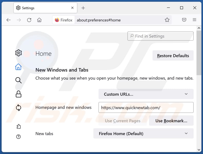 Rimozione di quicknewtab.com dalla home page di Mozilla Firefox