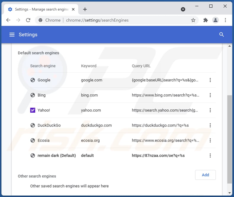 Rimozione di 87nzaa.com dal motore di ricerca predefinito di Google Chrome