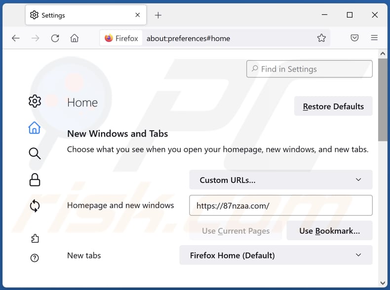 Rimozione di 87nzaa.com dalla home page di Mozilla Firefox