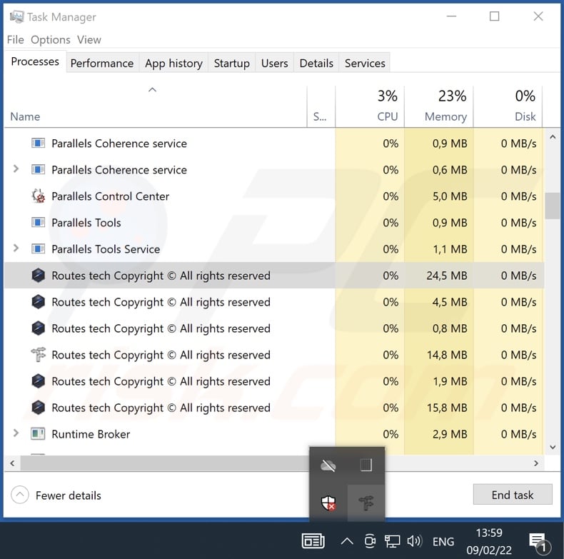 Screenshot del processo dell'adware Routes su Task Manager di Windows (