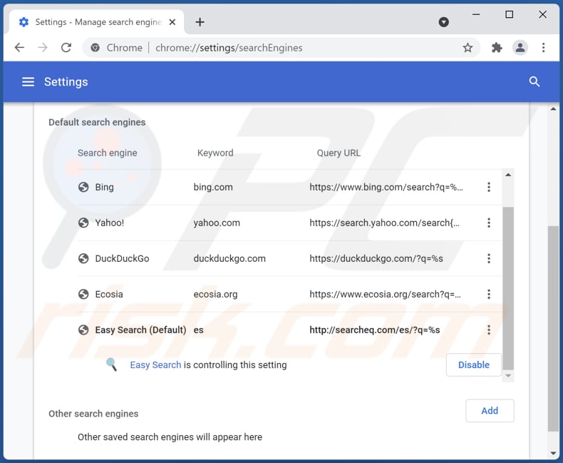 Rimozione di searcheq.com dal motore di ricerca predefinito di Google Chrome