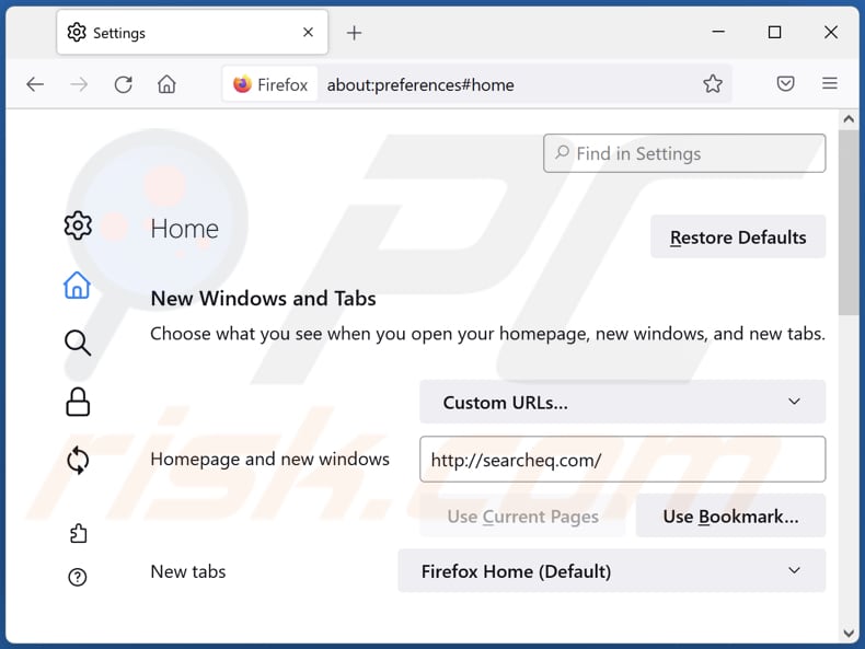 Rimozione di searcheq.com dalla home page di Mozilla Firefox