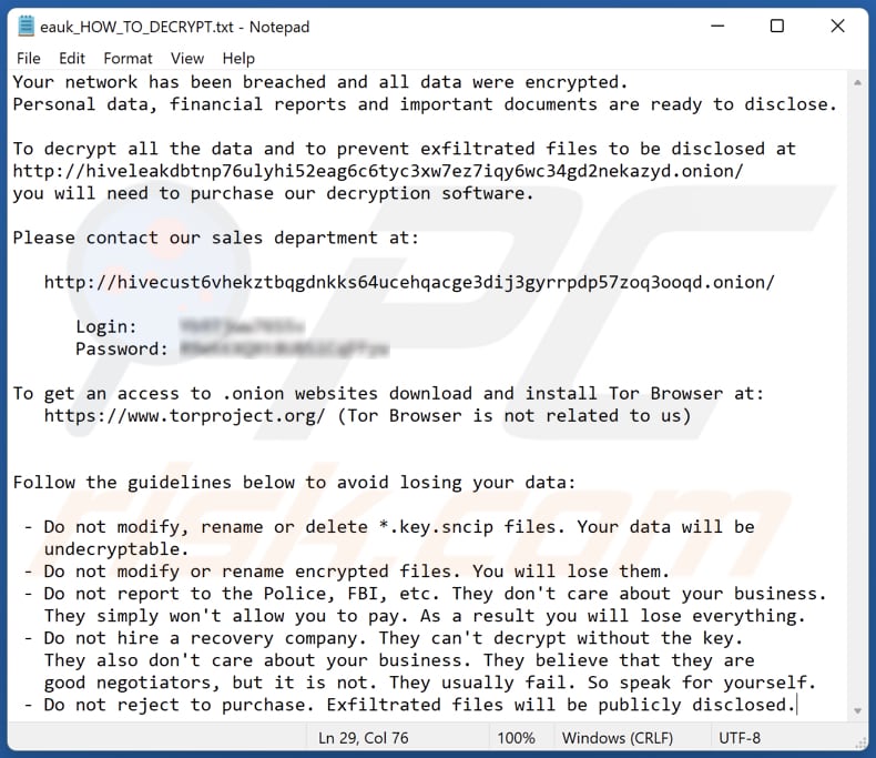 Screenshot del file di testo di Sncip (eauk_HOW_TO_DECRYPT.txt)