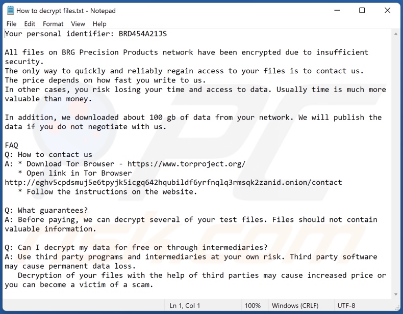 Screenshot della nota di riscatto di questa variante (brg) 
