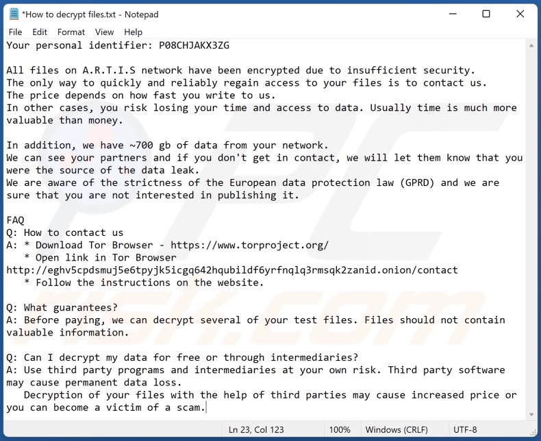 Screenshot della richiesta di riscatto di TargetCompany ransomware (artiis). 
