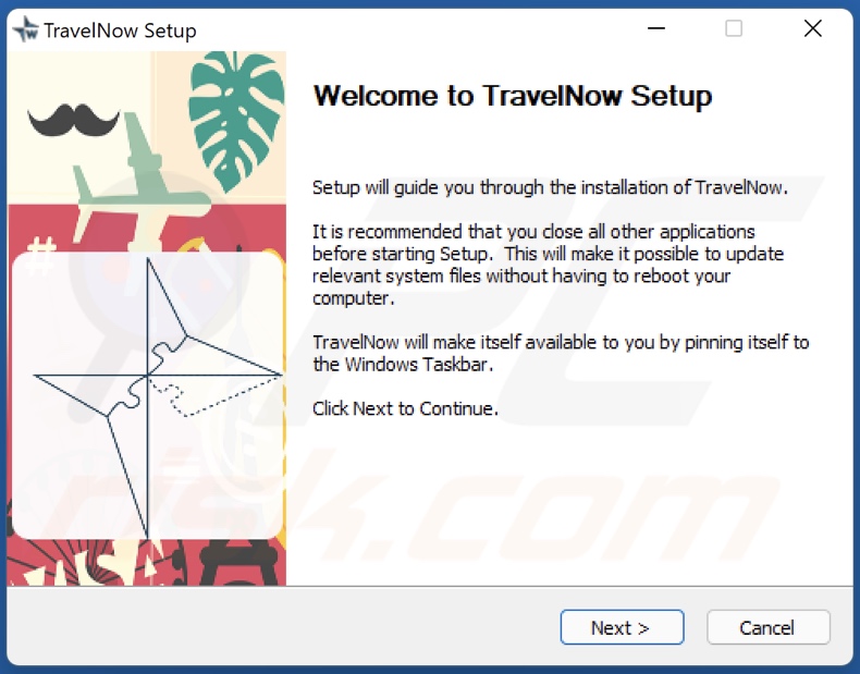 Screenshot della configurazione di installazione dell'adware TravelNow