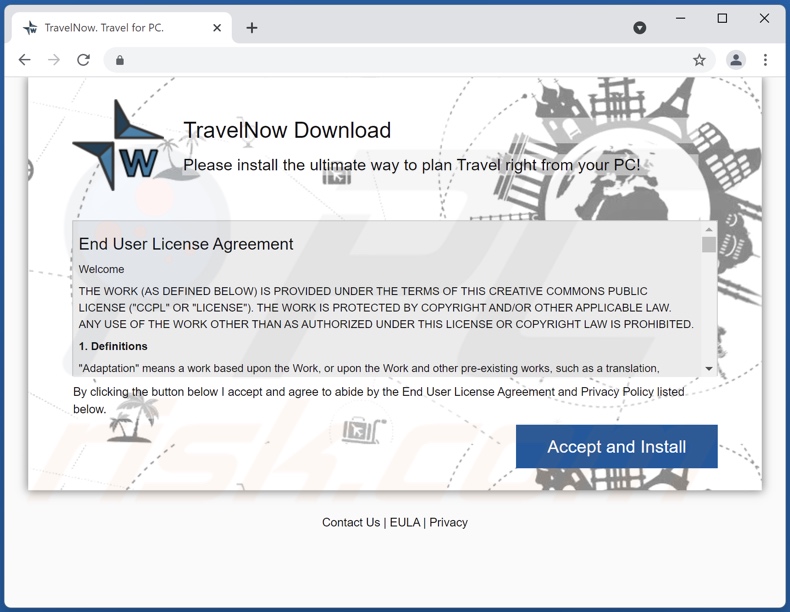 Screenshot del sito web utilizzato per promuovere l'adware TravelNow