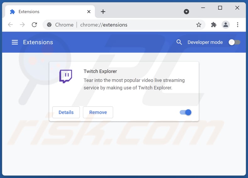 Rimozione dell'adware di Twitch Explorer da Google Chrome step 2