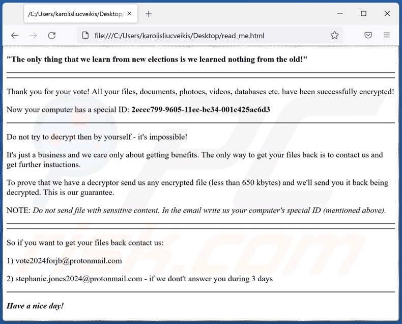 Screenshot della falsa richiesta di riscatto del malware Vote2024: (read_me.html)