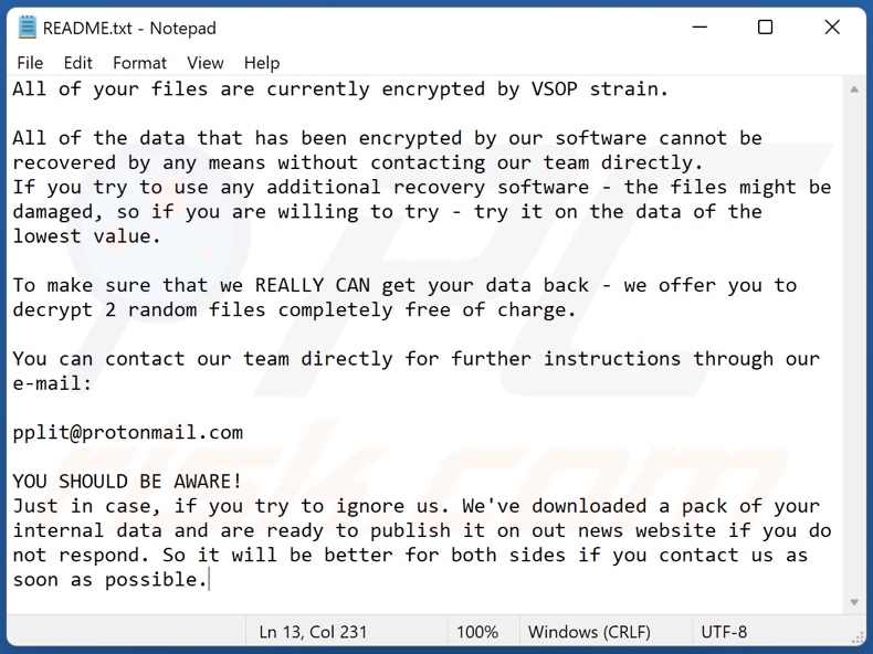 Screenshot del file di testo di VSOP ransomware (