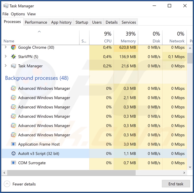 89N3PDyZzakoH7W6n8ZrjGDDktjh8iWFG6eKRvi3kvpQ processo di malware su Task Manager (Script AutoIt v3 (32 bit))