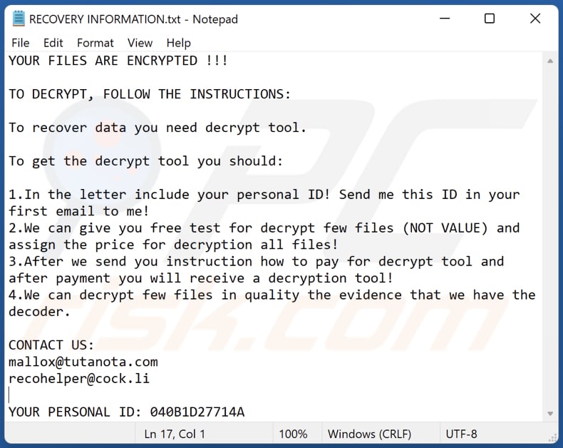 Screenshot del file di testo di Avast (