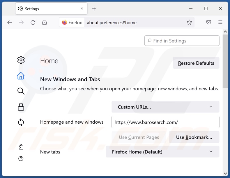 Rimozione di barosearch.com dalla home page di Mozilla Firefox