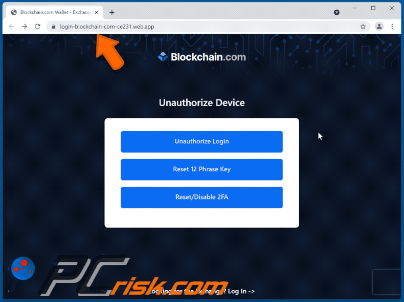 Aspetto del sito Web di phishing utilizzato per rubare account blockchain[.]com