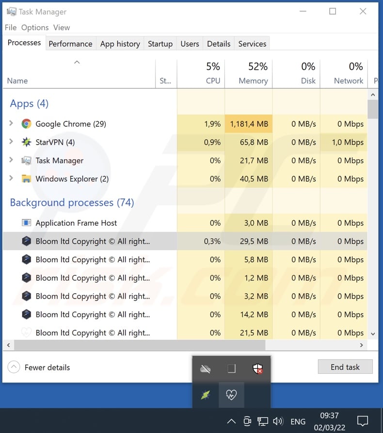 Screenshot del processo di Bloom adware su Task Manager di Windows (