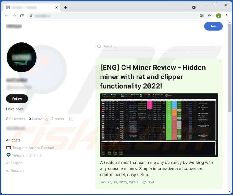 Sito web utilizzato per promuovere il CH Miner