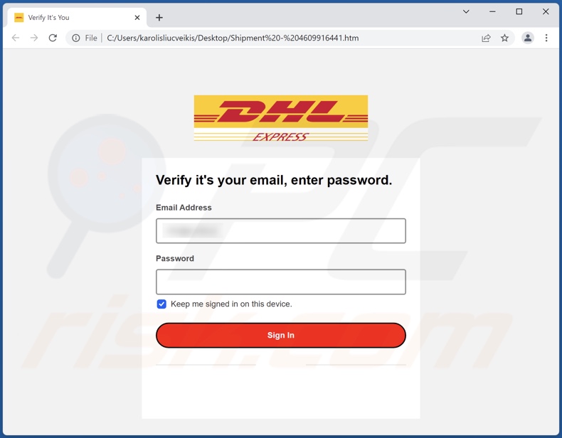 Screenshot dell'allegato di phishing distribuito tramite la campagna di spam 