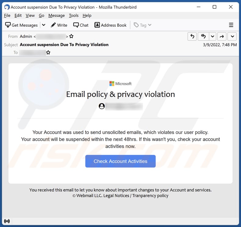 Email policy & privacy violation email truffa