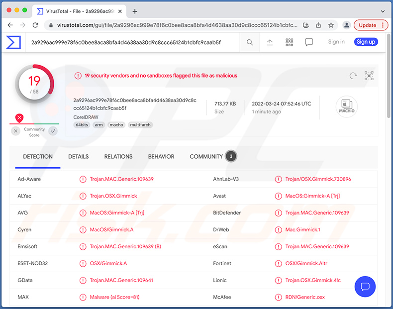 Rilevamenti di malware GIMMICK su VirusTotal