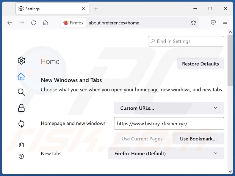 Rimozione di history-cleaner.xyz dalla home page di Mozilla Firefox