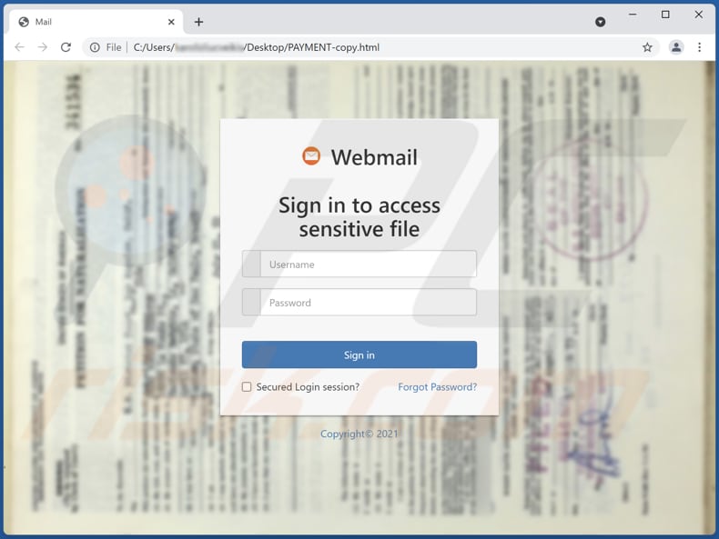 Un esempio di sito web phishing aperto tramite file HTML/Phishing.Agent: