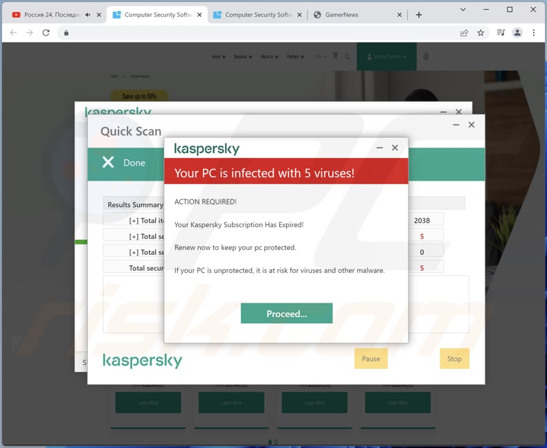 Kaspersky - Your PC is infected with 5 viruses! truffa