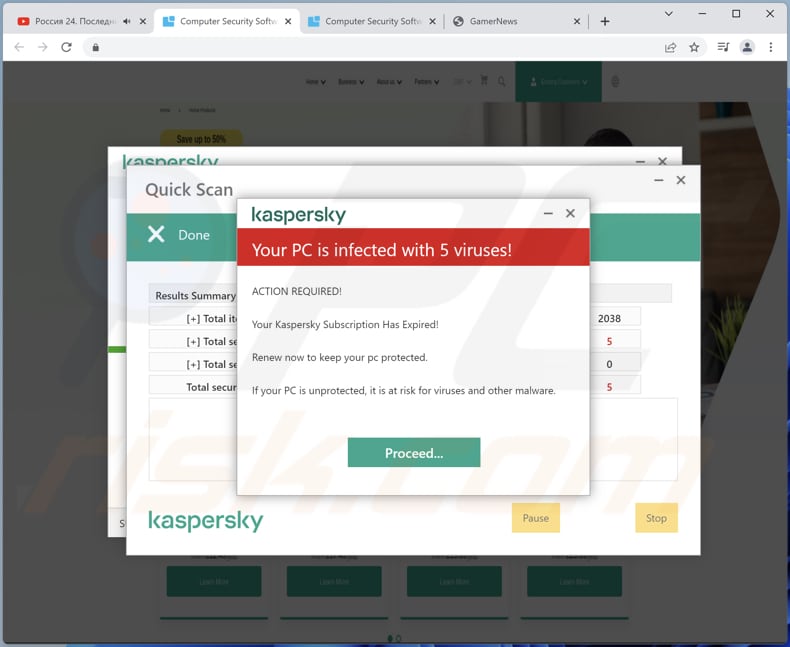 Kaspersky - Your PC is infected with 5 viruses! truffa