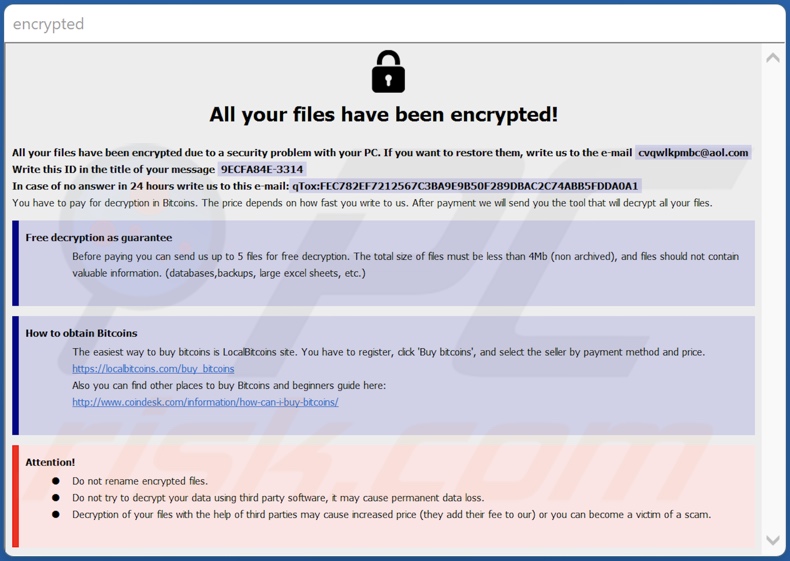 Screenshot della finestra pop-up di LKS ransomware (