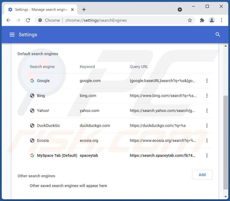 Rimozione di search.spaceytab.com dal motore di ricerca predefinito di Google Chrome