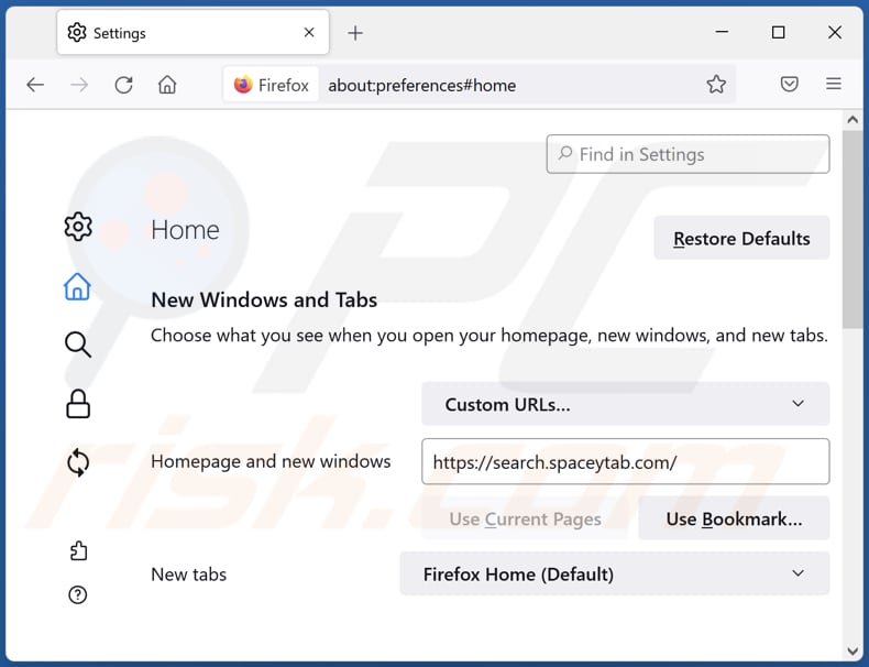 Rimozione di search.spaceytab.com dalla home page di Mozilla Firefox