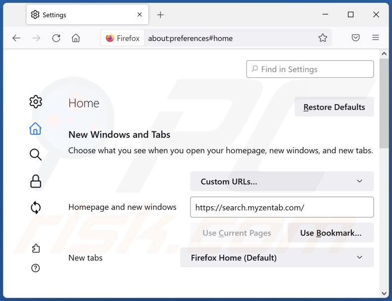 Rimozione di search.myzentab.com dalla home page di Mozilla Firefox