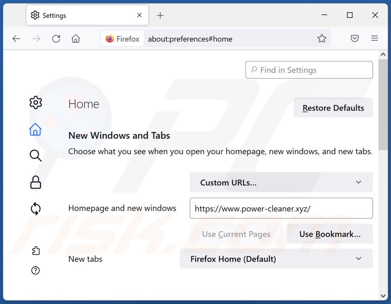 Rimozione di power-cleaner.xyz dalla home page di Mozilla Firefox