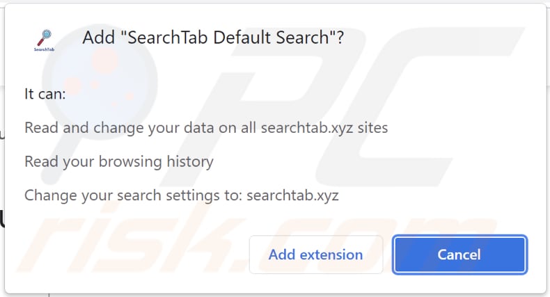 Notifica del browser contenente dettagli su SearchTab Default Search browser hijacker