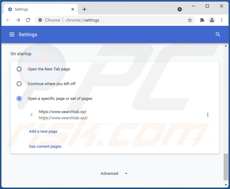 Rimozione di searchtab.xyz dalla home page di Google Chrome