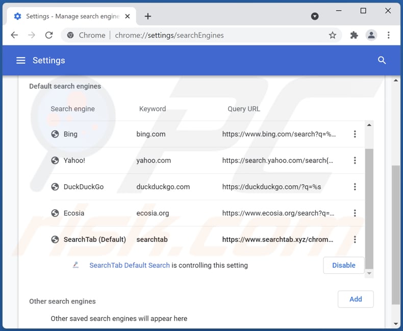 Rimozione di searchtab.xyz dal motore di ricerca predefinito di Google Chrome