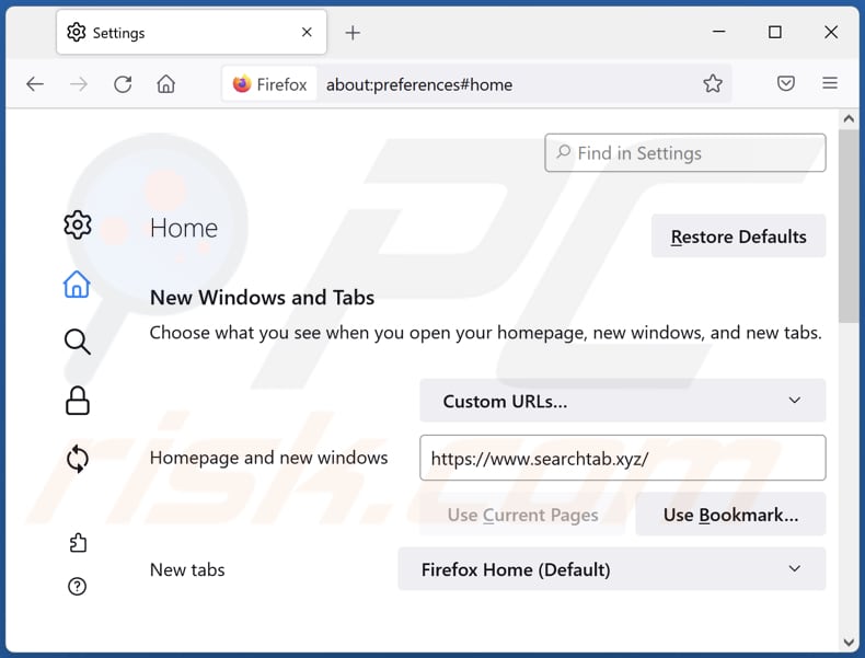 Rimozione di searchtab.xyz dalla home page di Mozilla Firefox