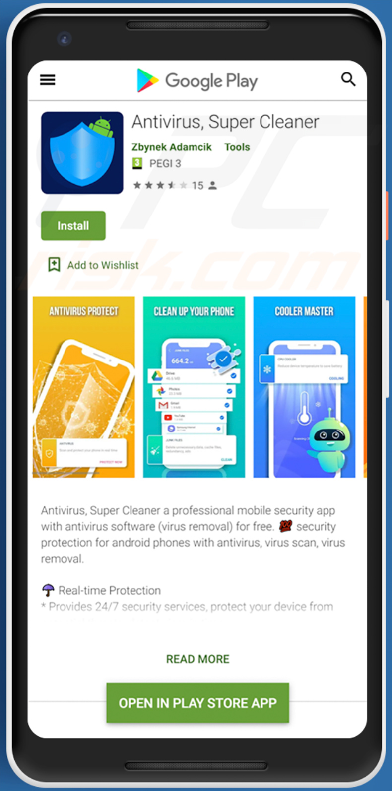 Screenshot della falsa app antivirus (