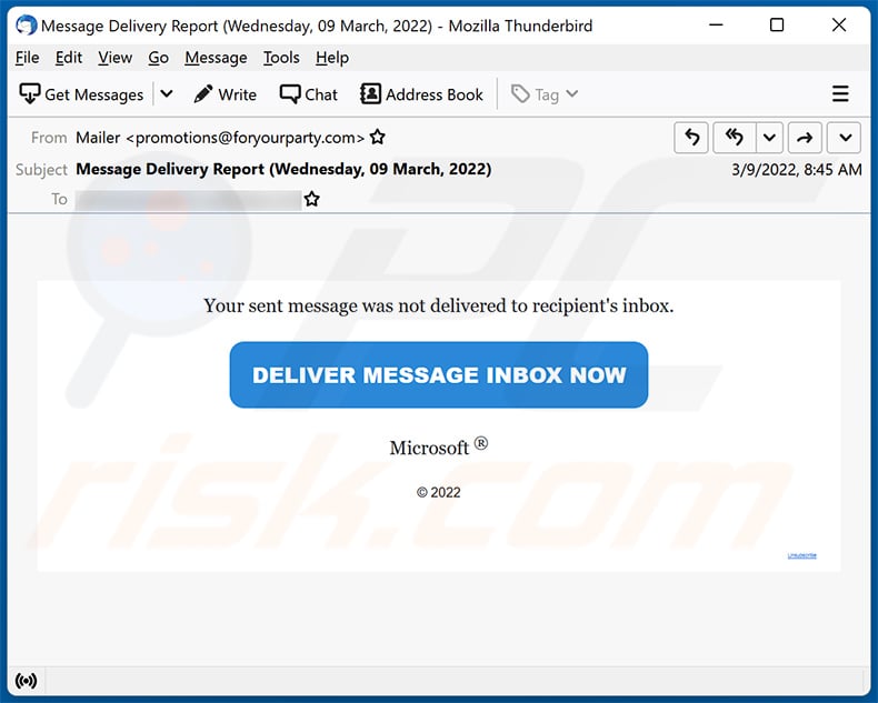 Un altro esempio di e-mail di spam a tema consegna della posta non riuscita utilizzata per promuovere un sito di phishing