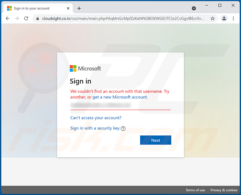 Screenshot del sito di phishing promosso (falso sito Web Microsoft)
