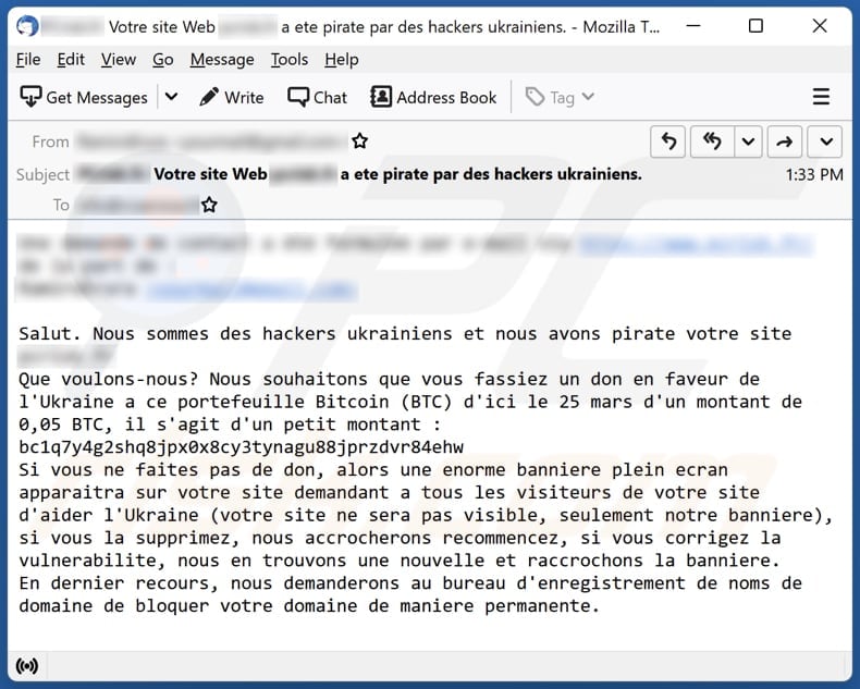we are Ukrainian hackers and we hacked your site Screenshot della versione francese di questa email
