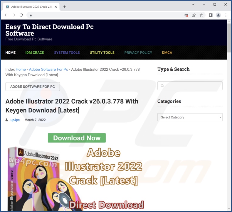 Screenshot del sito Web di download del software 