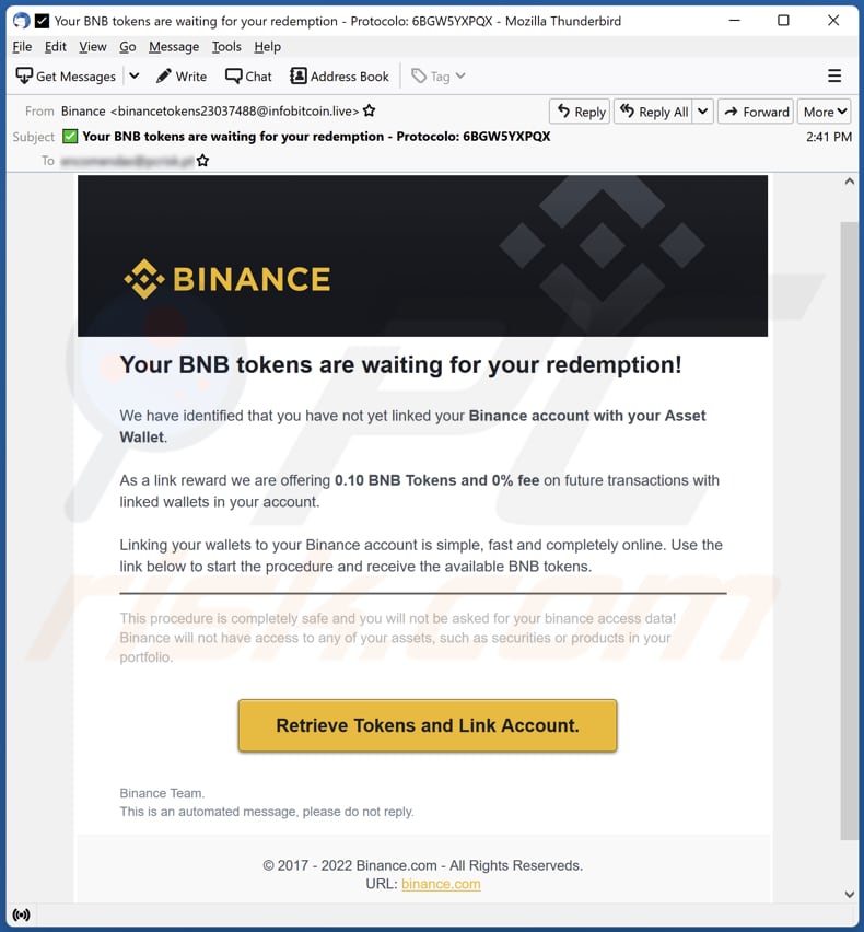 Campagna truffa e-mail di Binance