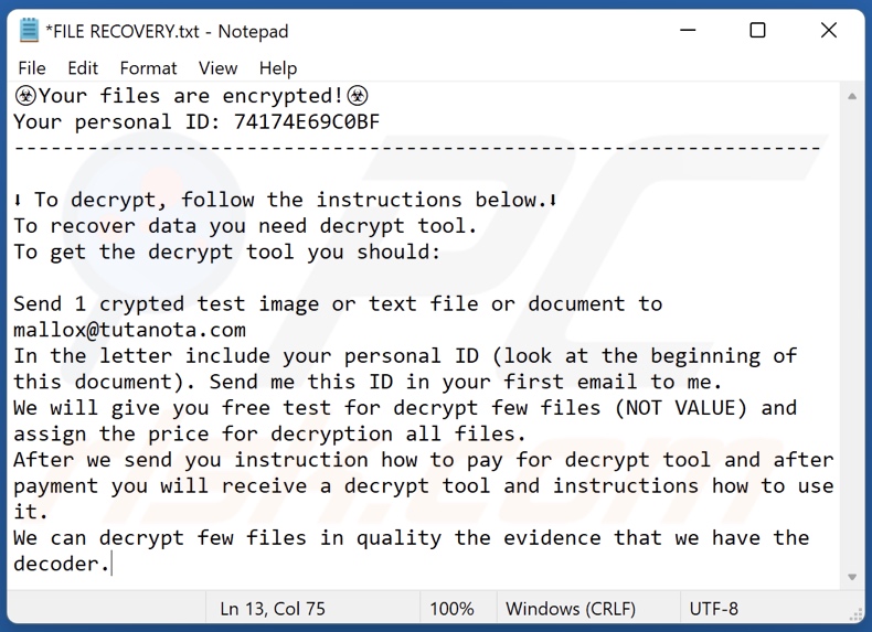 Screenshot del file di testo di Bozon ransomware (