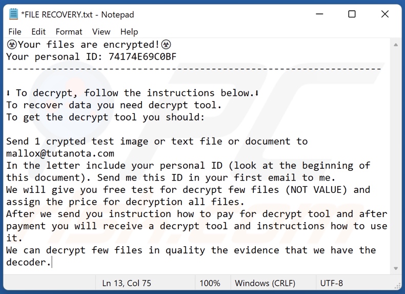 Screenshot del file di testo di Bozon ransomware (
