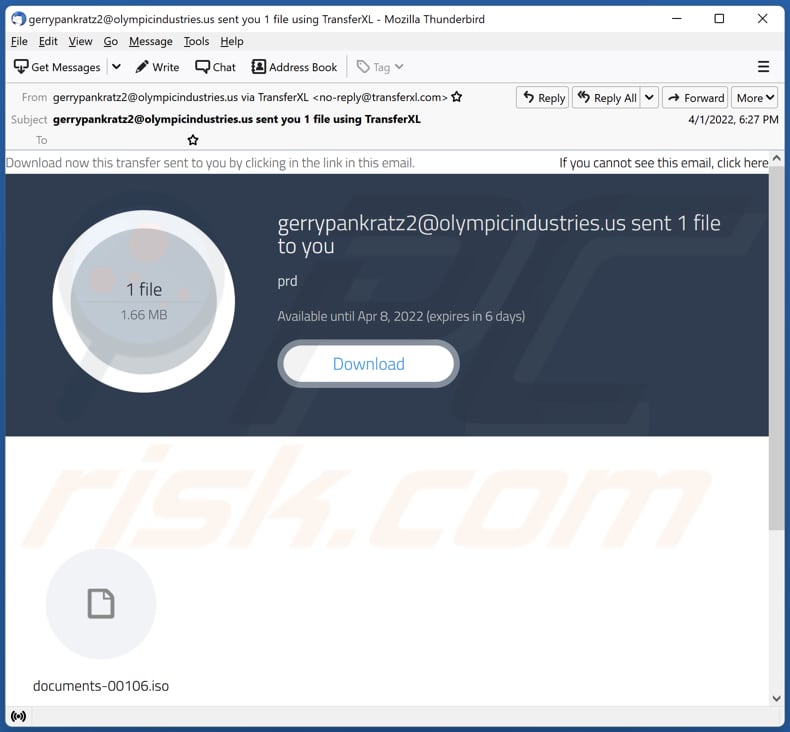 Email contenente un file ISO dannoso utilizzato per fornire malware Bumblebee