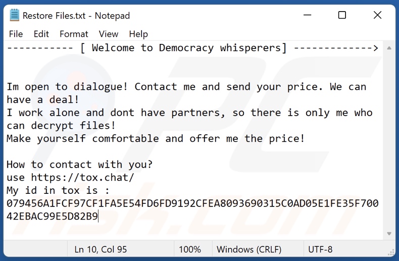 Messaggio di richiesta di riscatto di Democracy Whisperers ransomware (Restore Files.txt)