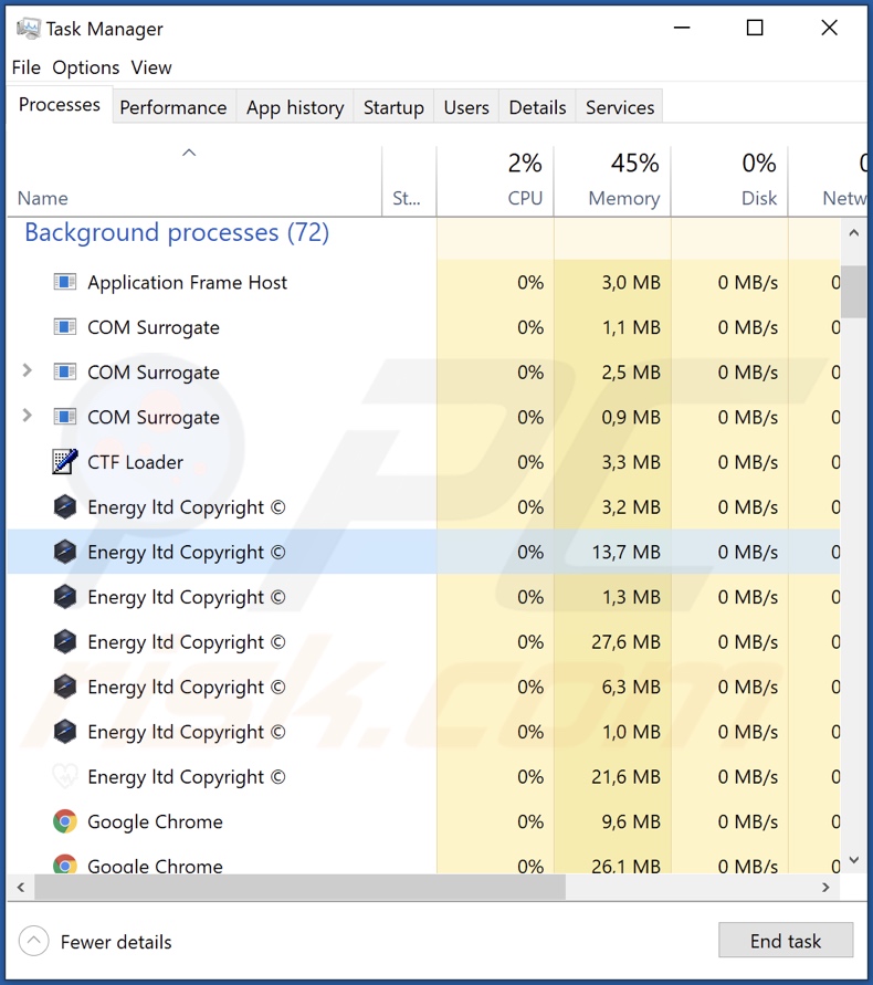 Screenshot del processo dell'adware Energy su Task Manager di Windows (nome del processo 
