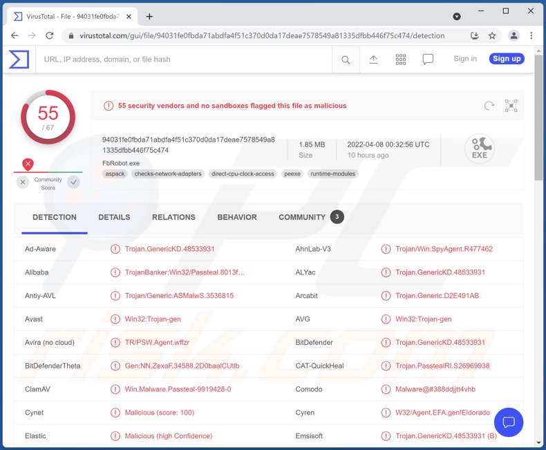 Rilevamenti di malware FFDroider su VirusTotal