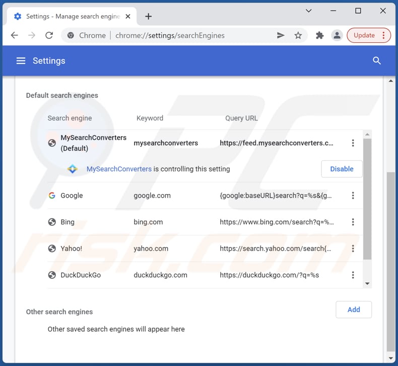 Rimozione di mysearchconverters.com dal motore di ricerca predefinito di Google Chrome
