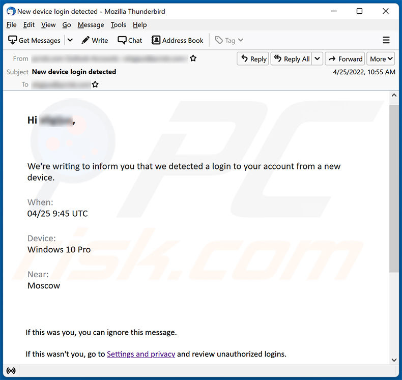 Un altro esempio di una nuova email spam a tema login del dispositivo che promuove un sito di phishingwe detected a login to your account from a new device  (2022-04-26)